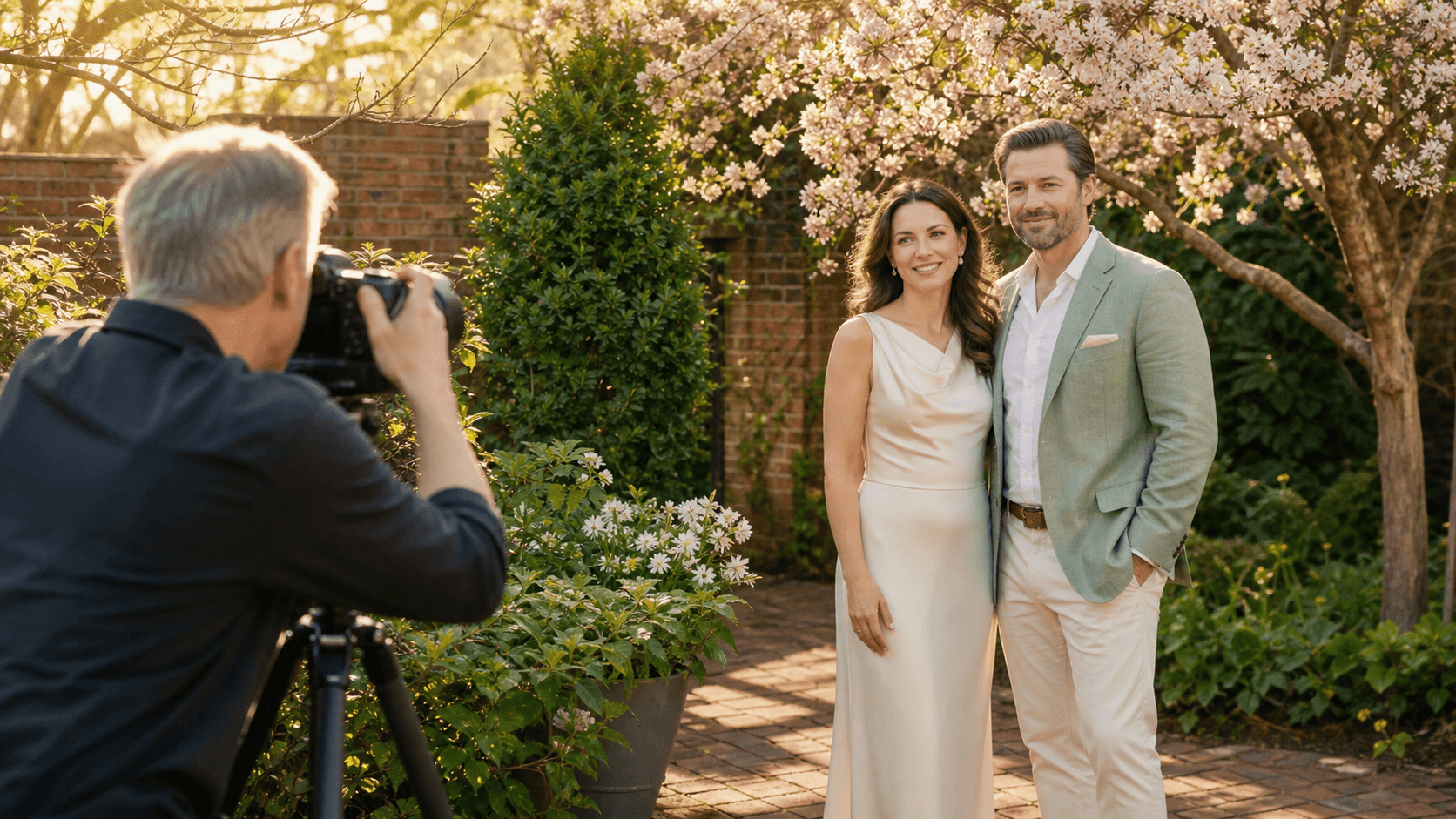 Elegant portrait subject in a flowing dress posed outdoors at golden hour amid soft greenery.