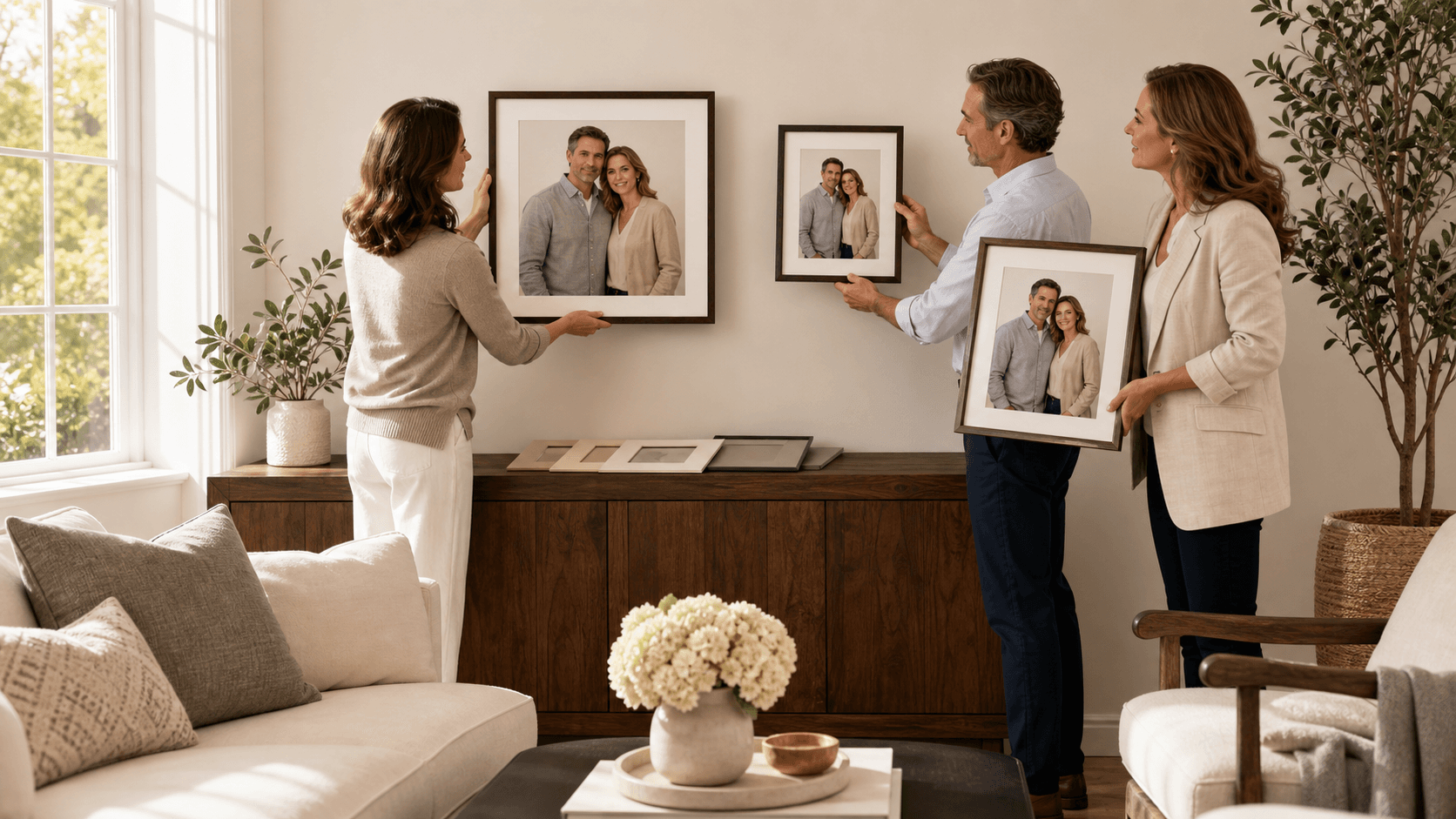 Gallery wall of framed family portraits in warm sunlight above a wooden console table.