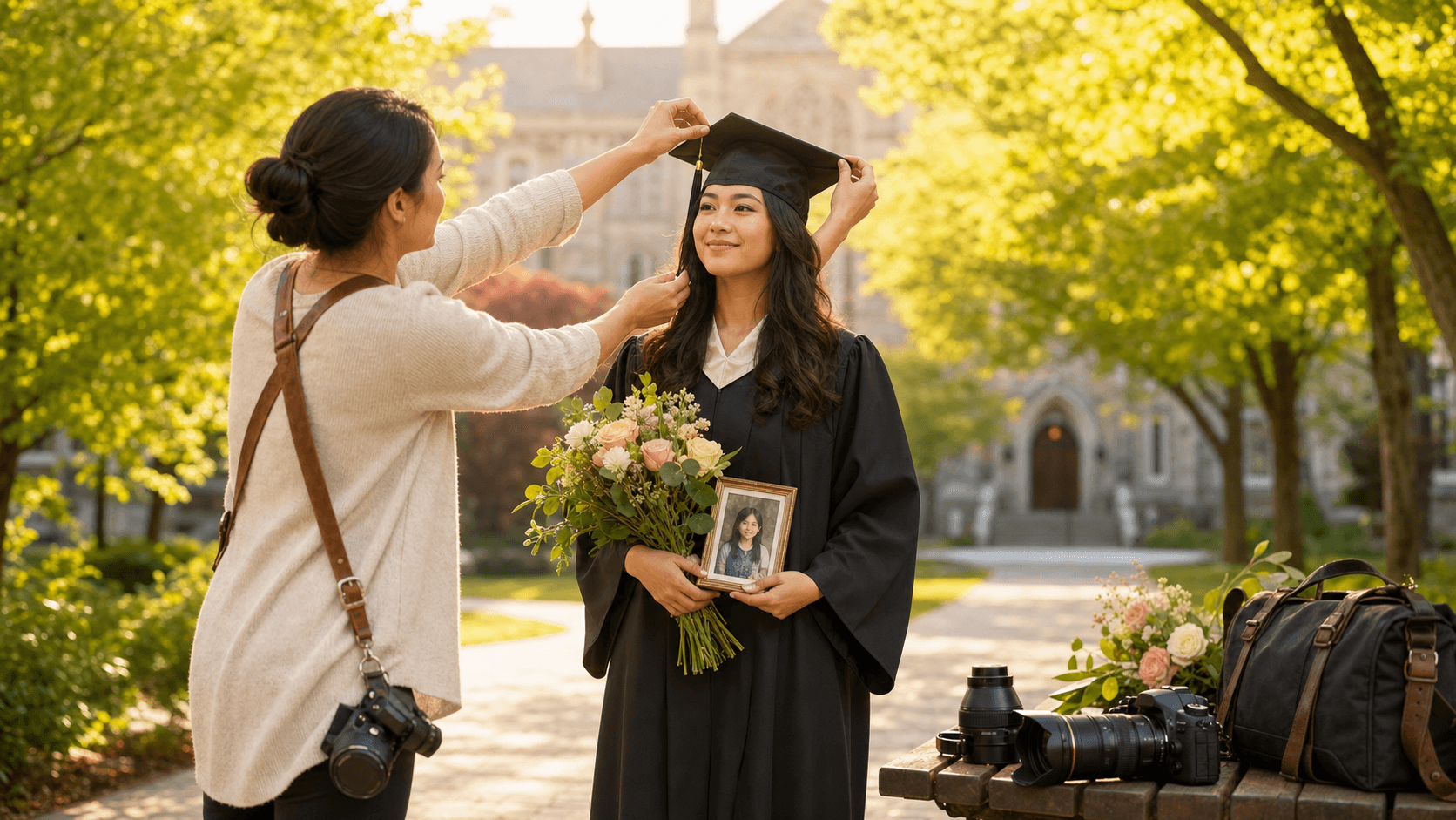 Graduate in black cap and gown holding a diploma, smiling in warm golden light against a blurred campus backdrop