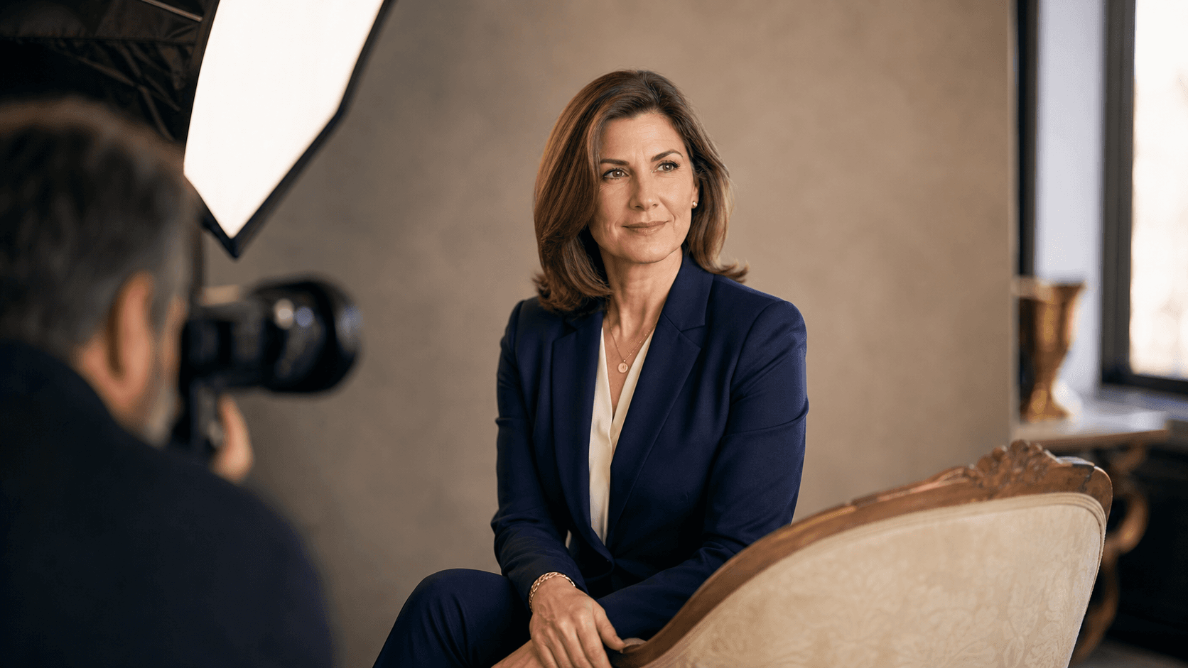 Professional woman in a black blazer poses against a dark backdrop with soft, dramatic studio lighting.