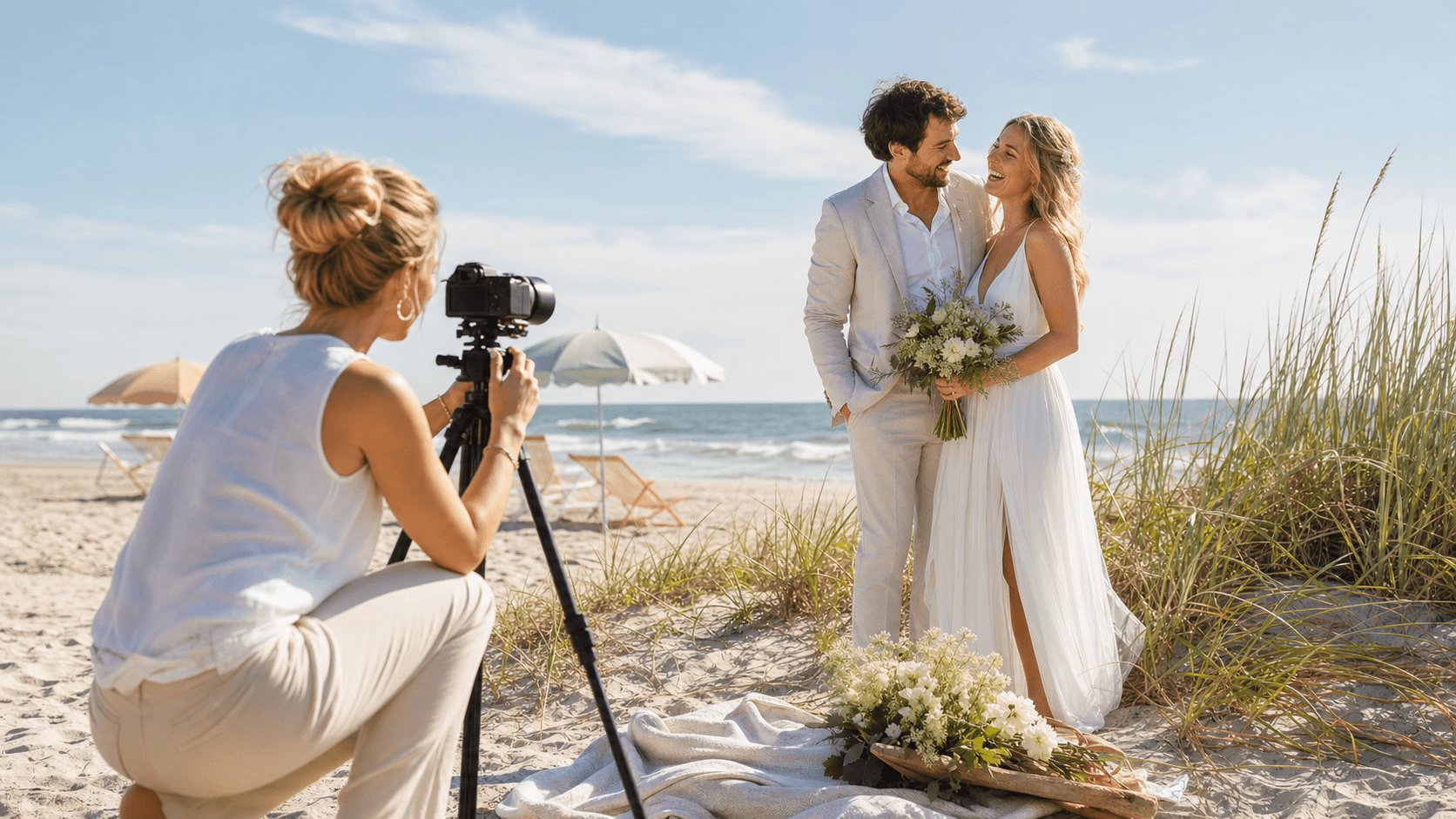 Sunlit beach wedding arch with white drapery and wildflowers, ocean waves behind under a clear blue sky