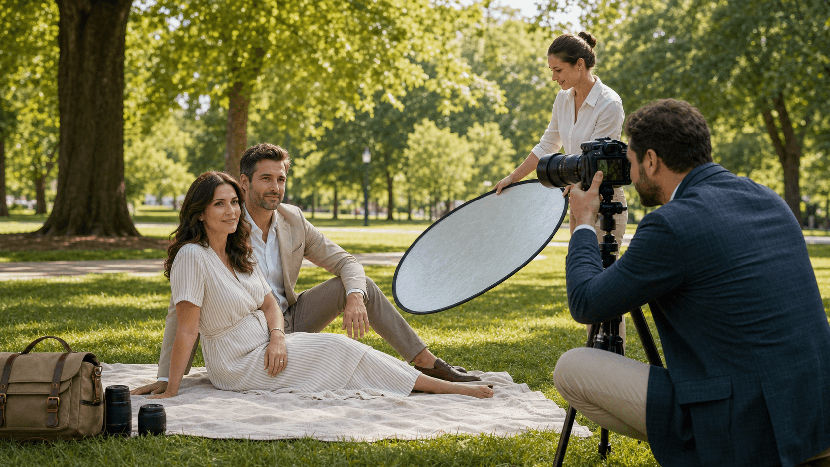 Sunlit outdoor family portrait with parents and two children, soft pastel tones, shallow depth of field, greenery backdrop