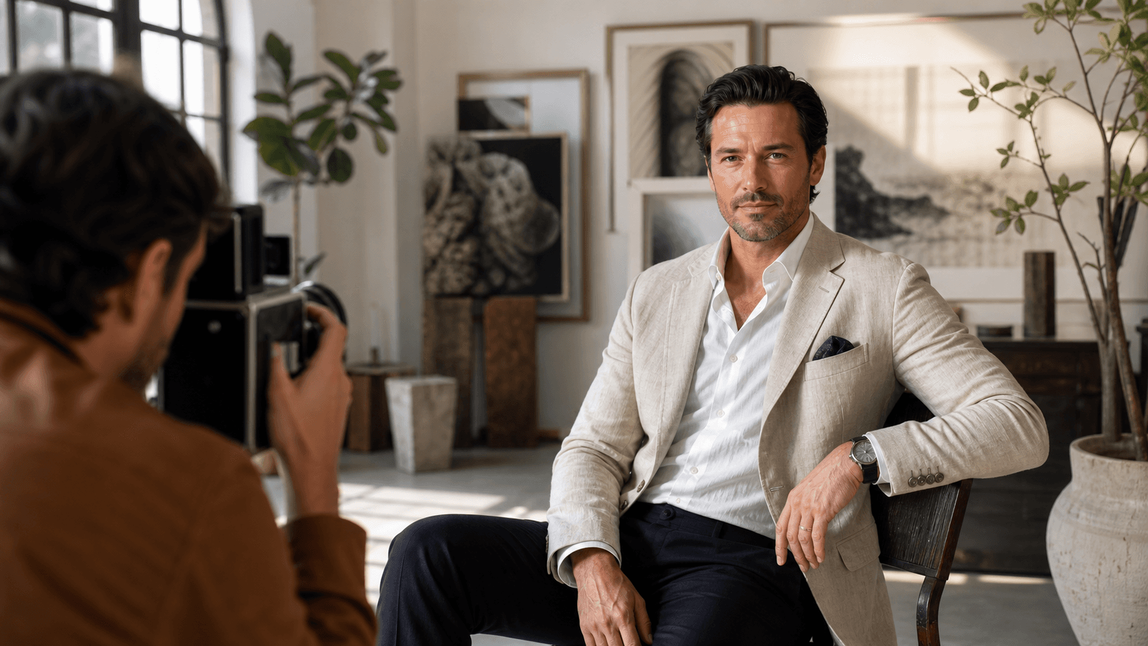 Warmly lit portrait of a creative professional against a soft neutral studio backdrop.