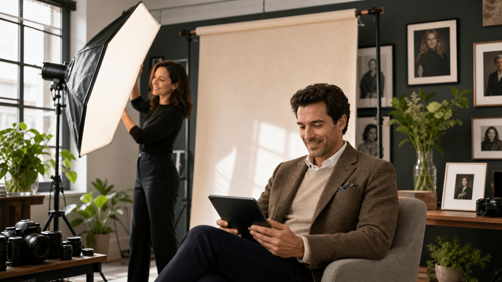 Sunlit fine art studio with framed portraits, white walls, wooden floors, and a vintage camera setup.