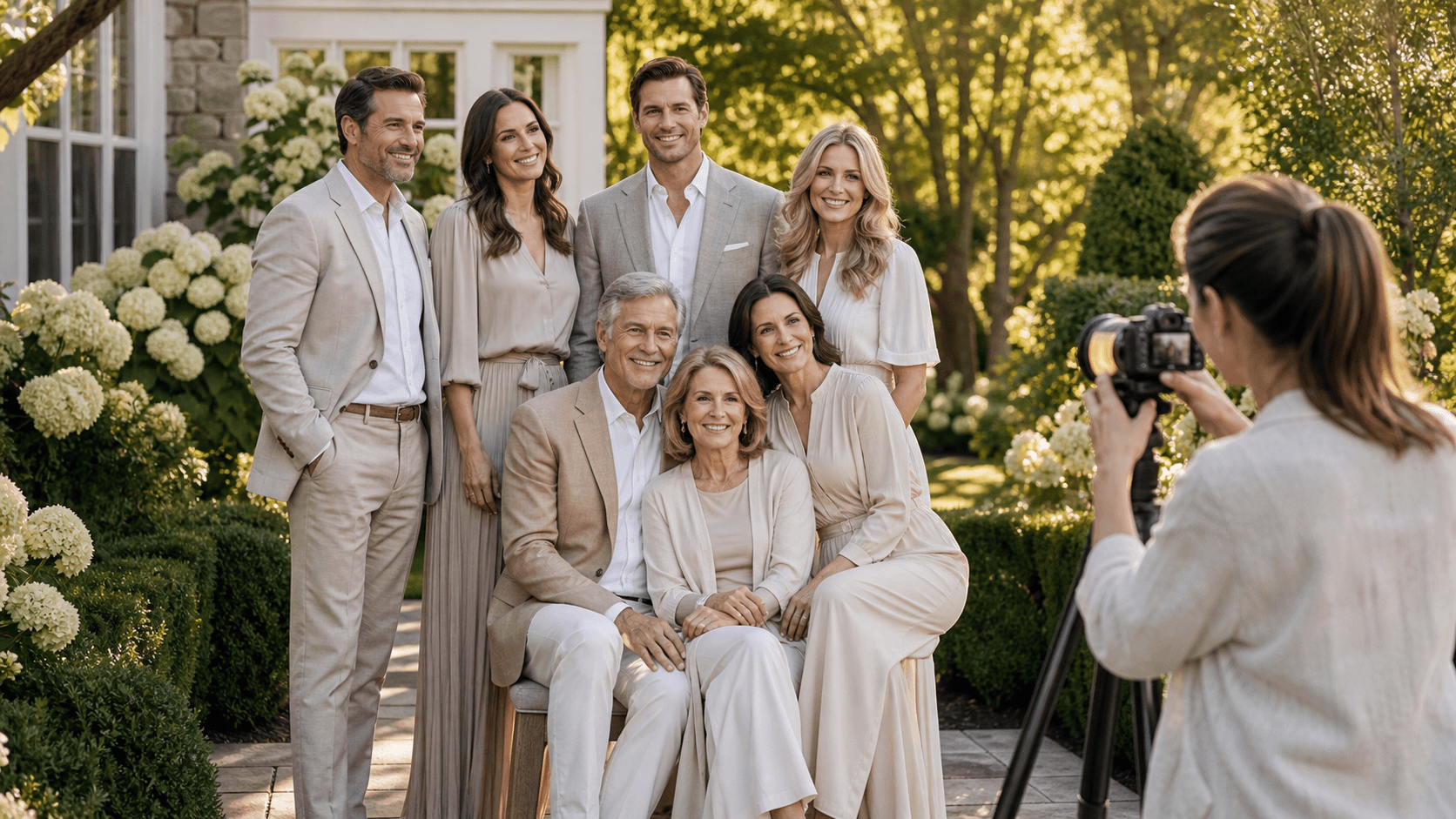 Elegant family portrait in soft natural light, with neutral tones and a blurred outdoor backdrop.