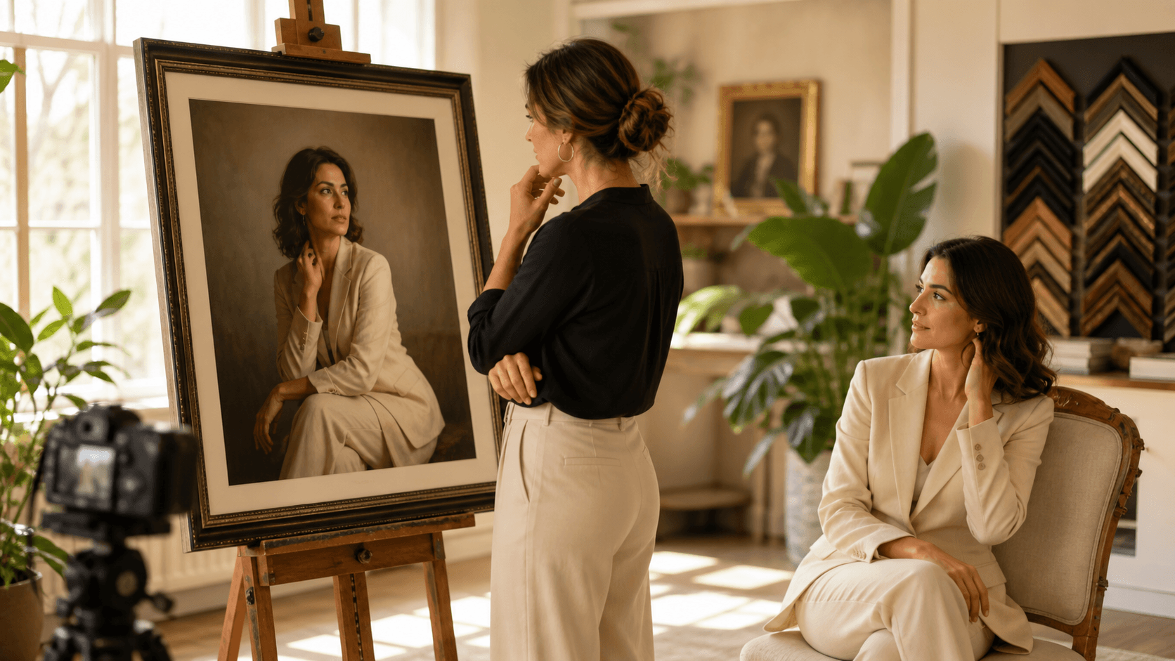 Painterly portrait of a woman in soft window light, framed by muted tones and a textured backdrop.