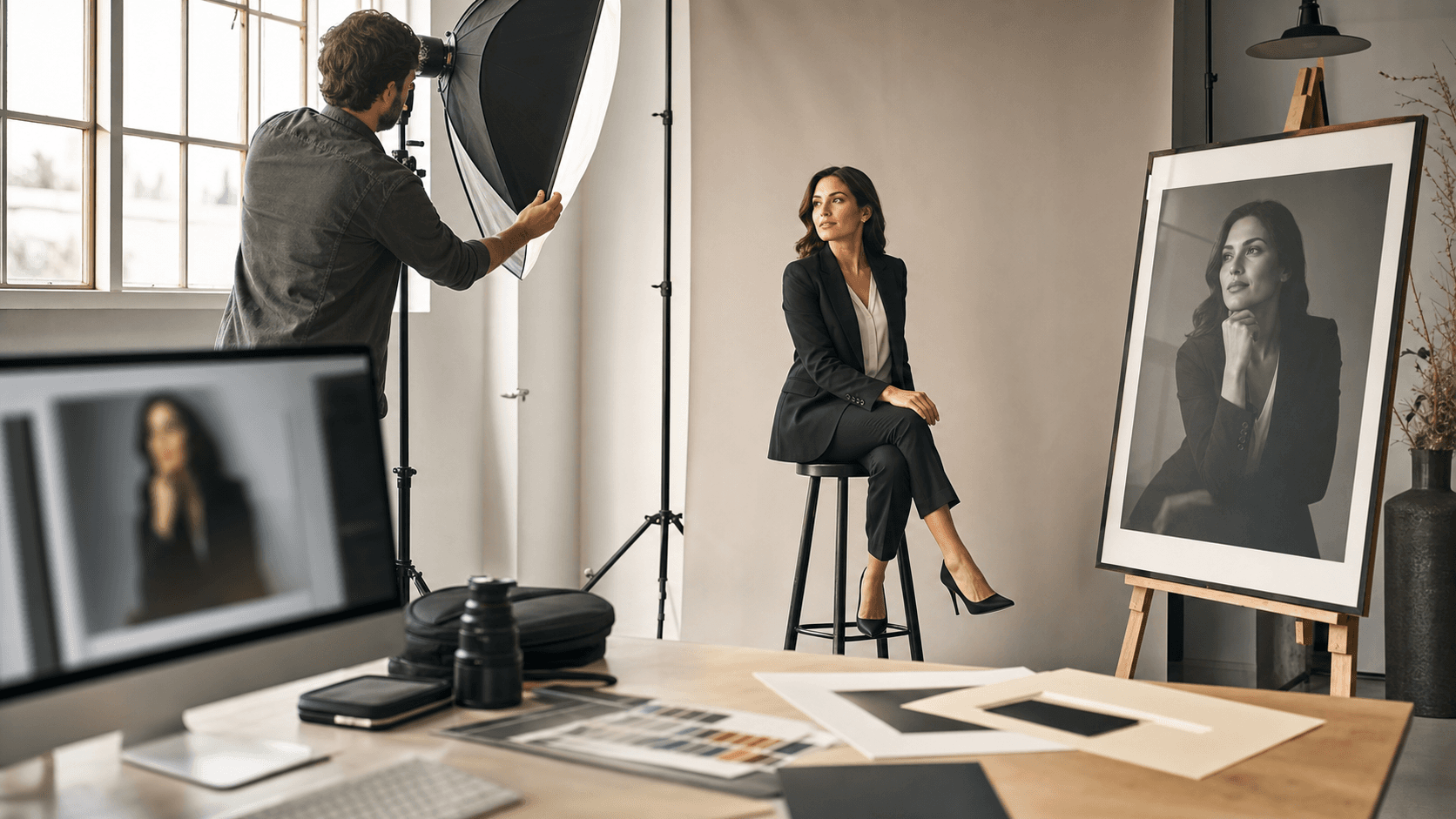 Warmly lit studio interior with framed classic portraits on cream walls, a tripod, and soft light through a window.