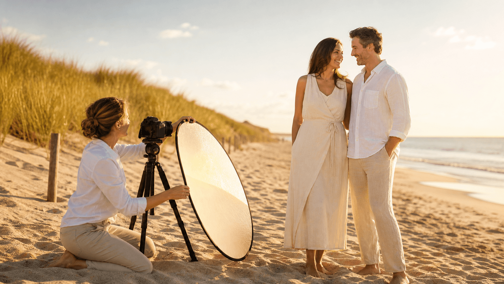 Sunlit beach portrait of a woman in a flowing white dress by turquoise waves, soft golden light and sandy backdrop