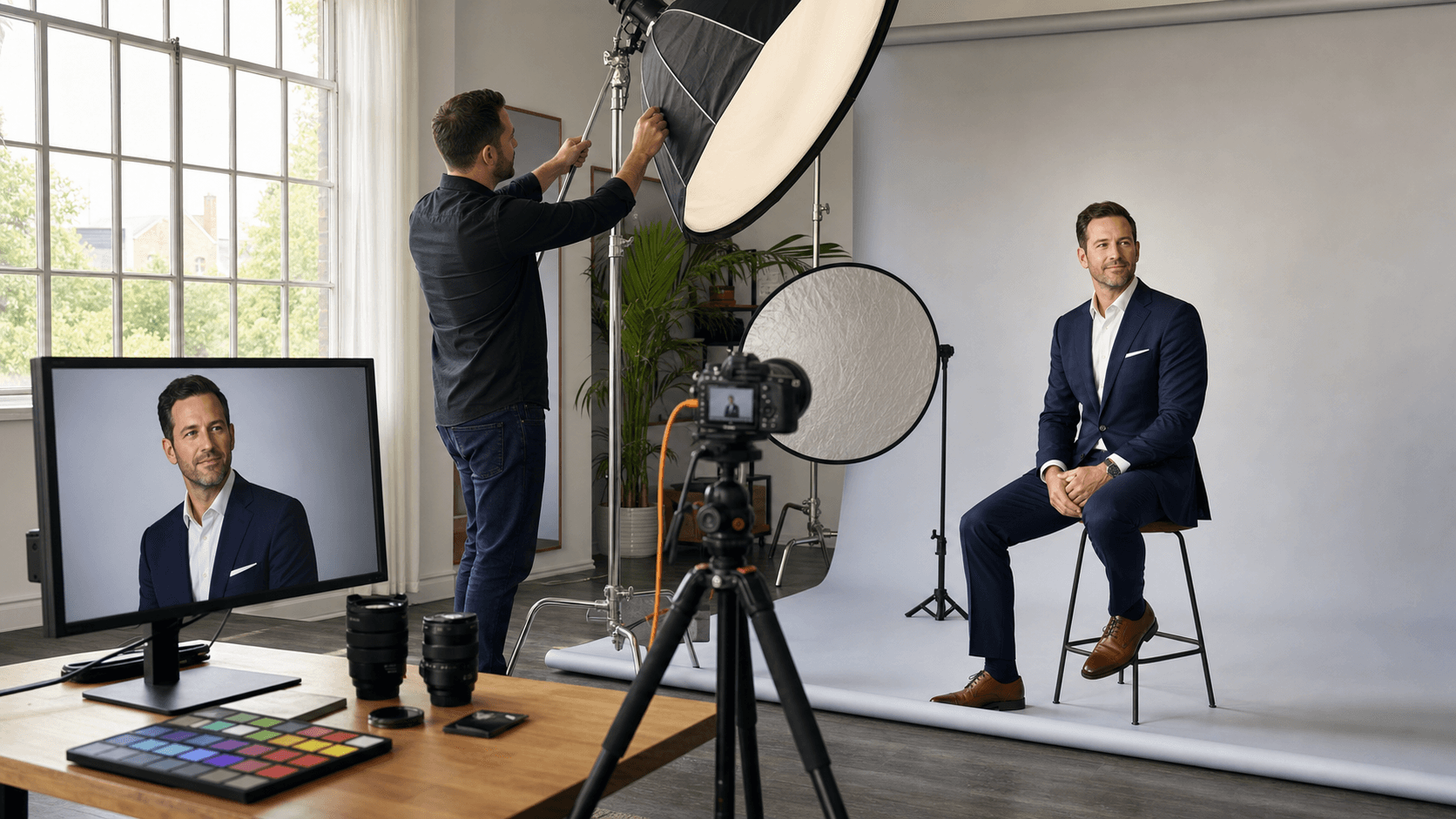 Warm-lit portrait studio with camera on tripod, softbox lights, and neutral backdrop in a cozy room.