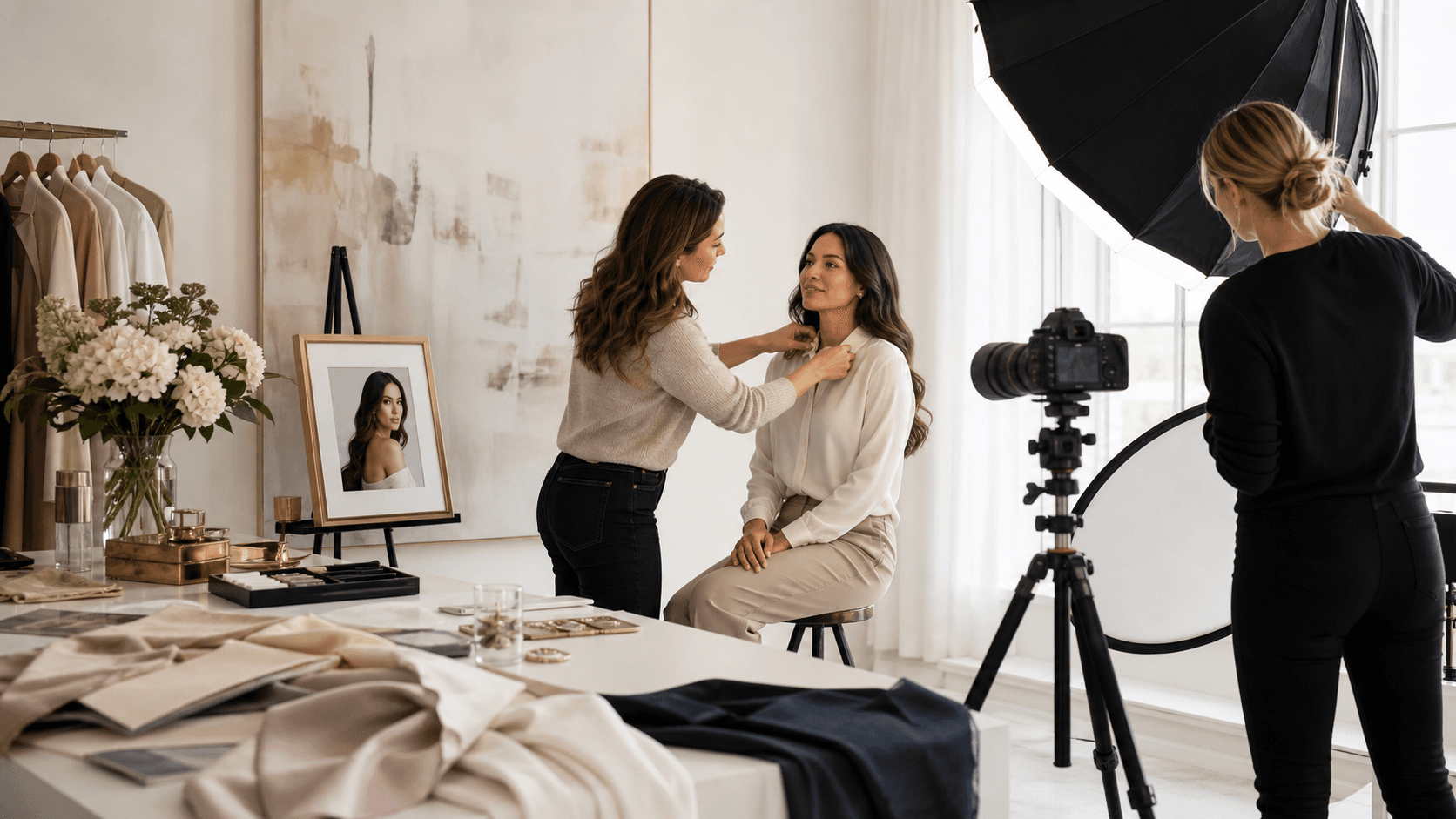 Cozy portrait studio interior with soft window light, neutral tones, framed photos on walls, and a camera on a tripod.