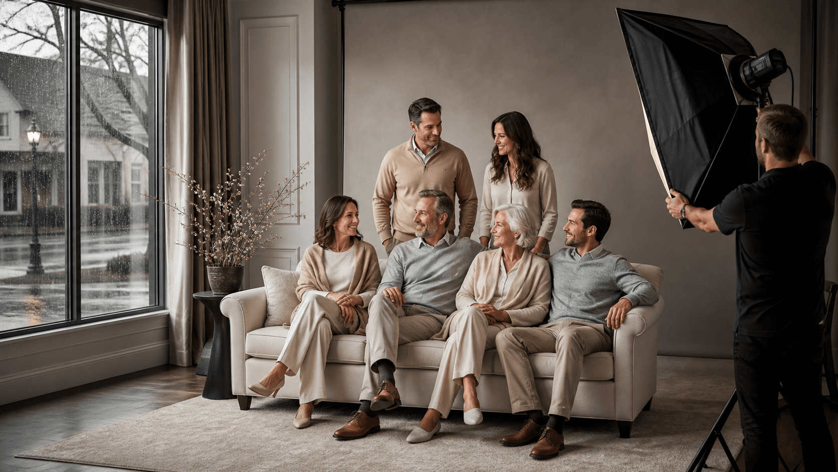 Family of four posed in a bright studio with soft window light, neutral backdrop, and coordinated beige clothing.